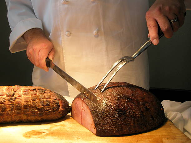 Chef Attended Carving Station Honey Ham stock photo