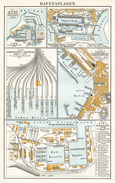 bildbanksillustrationer, clip art samt tecknat material och ikoner med map of port facilities 1895 - malmö