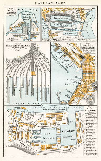 Map of Port Facilities 1895 Map of Port Facilities, shipyards in Europe urban dictionary stock illustrations