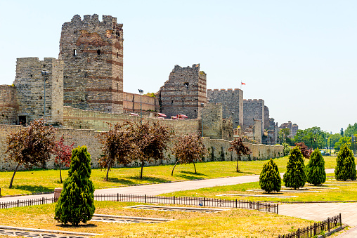 Ruins of ancient fortress wall of the Emperor Theodosius in the center of Istanbul. Turkey
