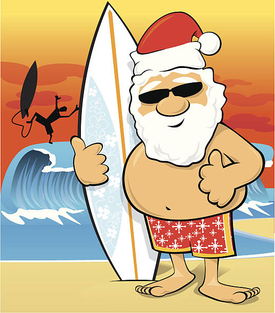 ilustrações, clipart, desenhos animados e ícones de férias de verão - beach sunlight surfboard santa claus