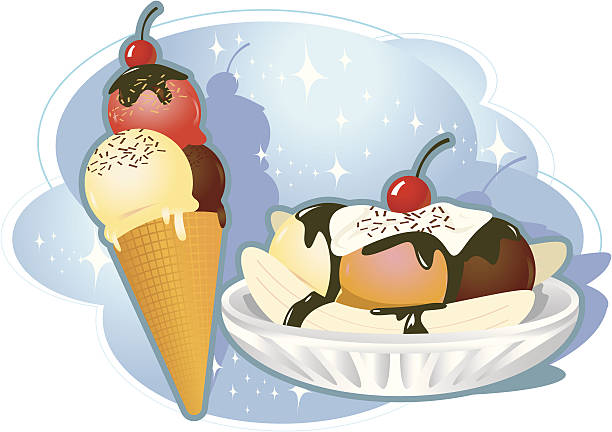 ilustraciones, imágenes clip art, dibujos animados e iconos de stock de fantástica helado combinación - banana split