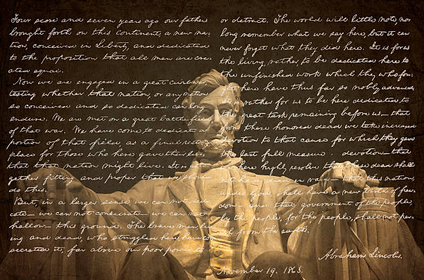 Gettysburg Address The Gettysburg Address in Abraham Lincoln's own handwriting overlayed on the statue of Abraham Lincoln inside the Lincoln Memorial in Washington DC. abraham lincoln stock pictures, royalty-free photos & images