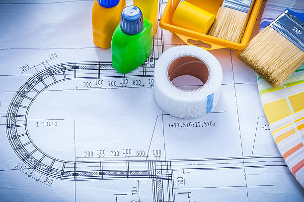 istock Construction drawing with paint brush roller tray bottles duct t 479502148