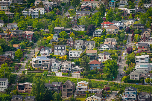 Aerial view over the well kept streets, townhouses and apartment buildings of Queen Anne, Seattle, Washington. ProPhoto RGB profile for maximum color fidelity and gamut.