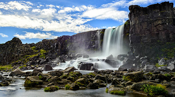 Öxarárfoss waterfall in Thingvellir National Park, Iceland. stock photo