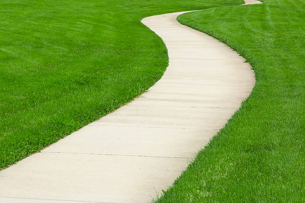 Pathway Concrete pathway through green lawn. pedestrian walkway stock pictures, royalty-free photos & images