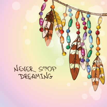 Illustration with hanging bird feathers and colorful bijouterie