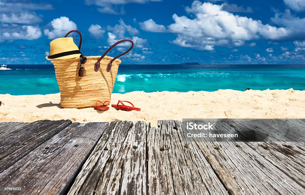 Beautiful beach with bag at Seychelles Beautiful beach with bag at Seychelles, La Digue Beach Stock Photo