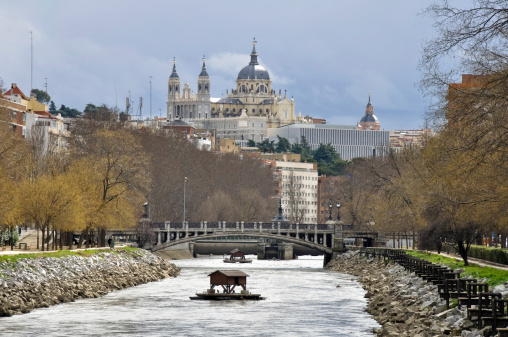 Manzanares river, Almudena cathedral as background, Madrid