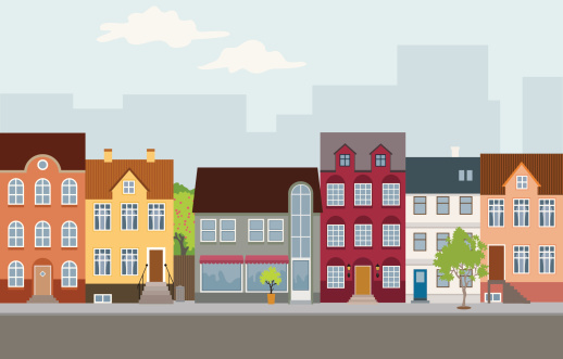 Street with houses in different architectural styles and colours. Lots of details.