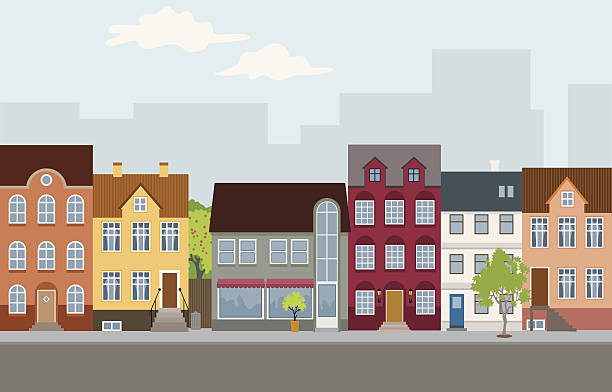 Townhouses Street with houses in different architectural styles and colours. Lots of details. close to illustrations stock illustrations