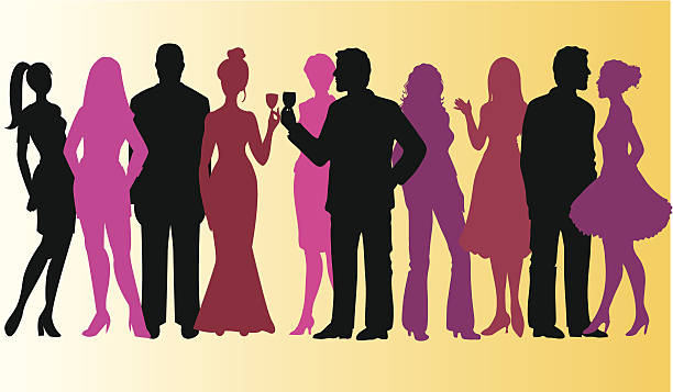 ilustraciones, imágenes clip art, dibujos animados e iconos de stock de grupo de personas de terceros - toast party silhouette people