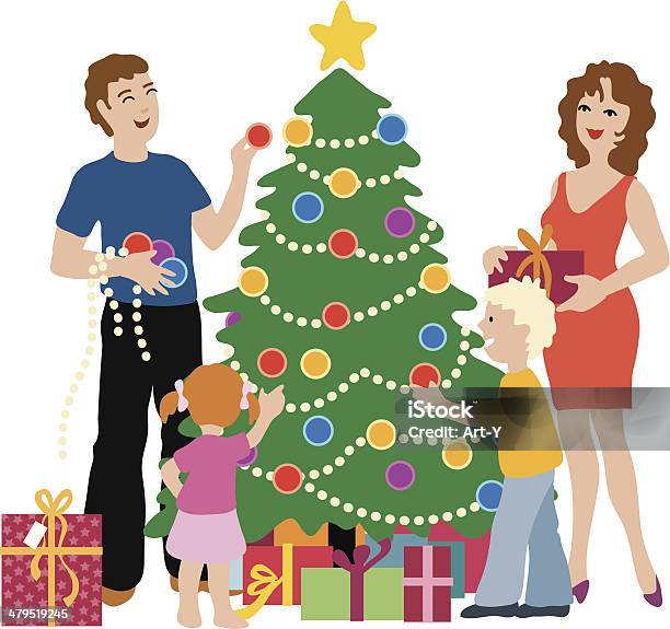 Семья Украшая Дерево — стоковая векторная графика и другие изображения на тему Дочь - Дочь, Мать, Рождество