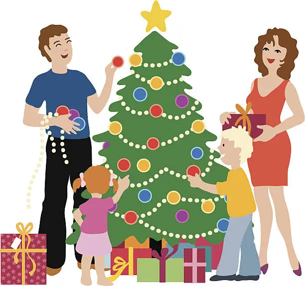 Vector illustration of Family decorating tree