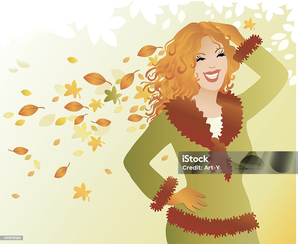 Miss Autumn A beautiful girl standing in the autumn wind with leaves around her. Adult stock vector