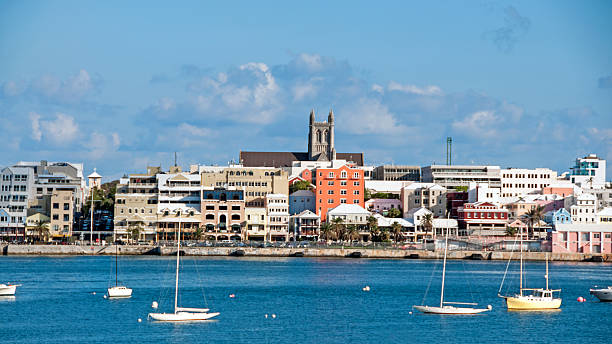 View of Hamilton, Bermuda, from across the bay with sailboats stock photo
