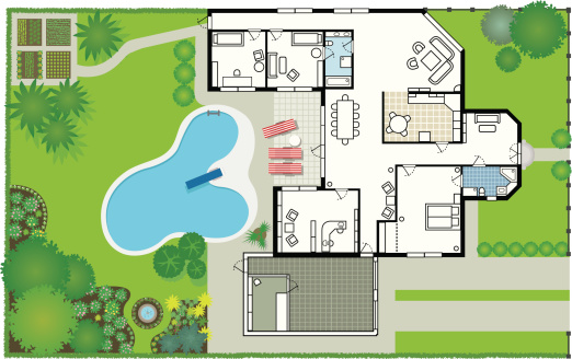 Extremely detailed blueprint of a lovely fantasy house with furnitures, surrounding garden with flowers and plants, garage, fountain, and swimming pool. Roof on a separate layer included.