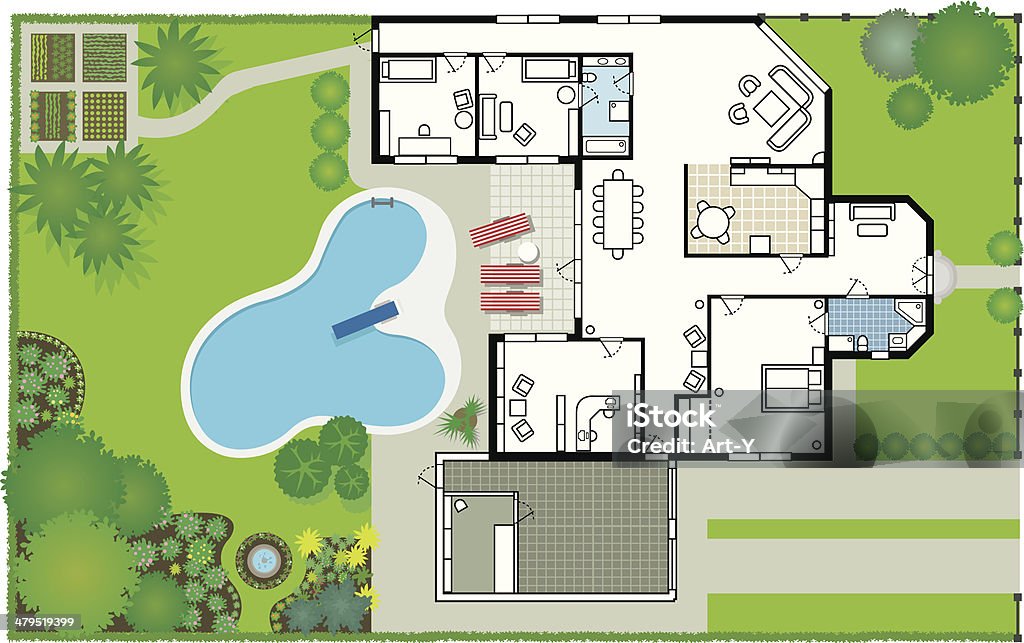 Dream house - blueprint (Vector & JPG) Extremely detailed blueprint of a lovely fantasy house with furnitures, surrounding garden with flowers and plants, garage, fountain, and swimming pool. Roof on a separate layer included. Plan - Document stock vector