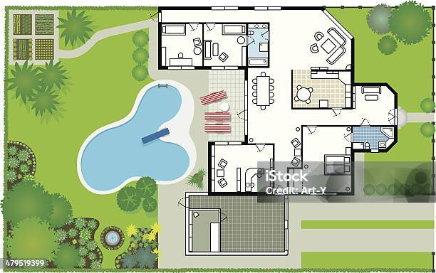 Dream House Blueprint Stock Illustration - Download Image Now - Plan - Document, House, Swimming Pool