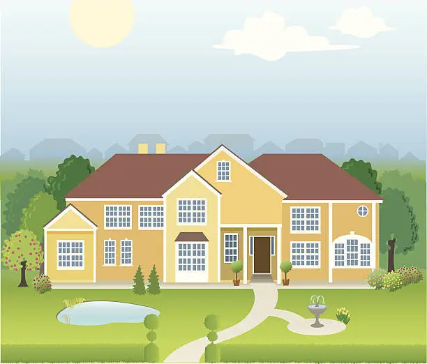 Vector illustration of Large Mansion Home with Pond, Fountain and Many Trees