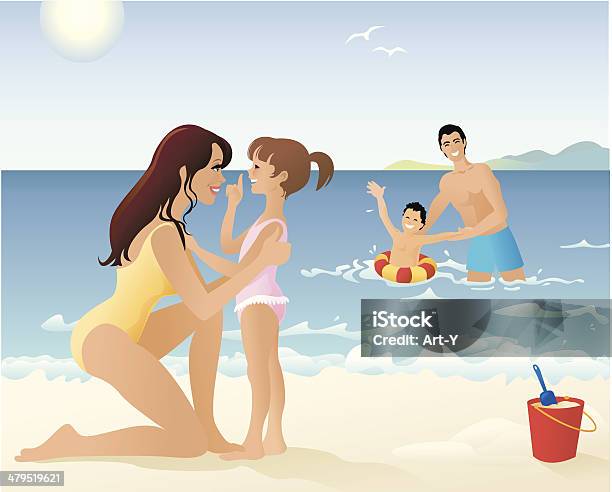 Family Spending Time Playing On Beach And In Water Stock Illustration - Download Image Now - Family, Beach, Vacations