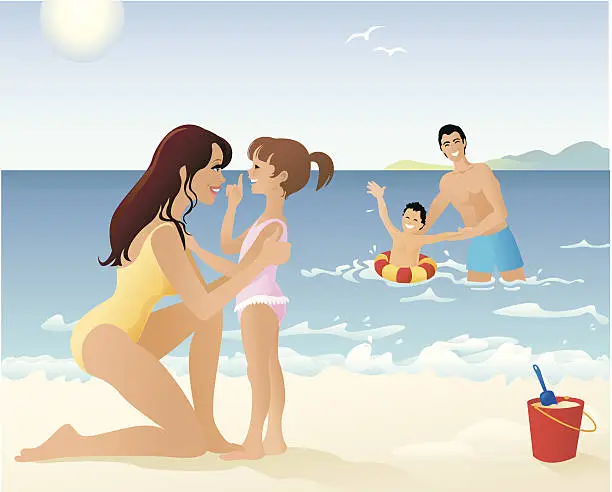 Vector illustration of Family Spending Time Playing on Beach and in Water