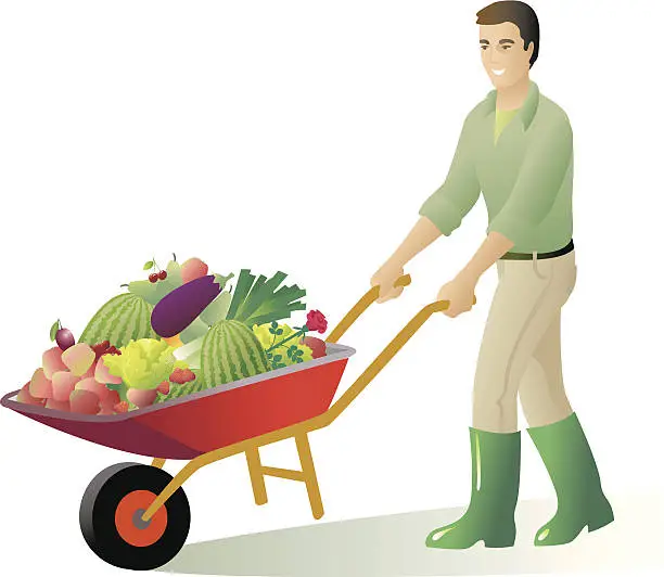 Vector illustration of Gardener with wheelbarrow