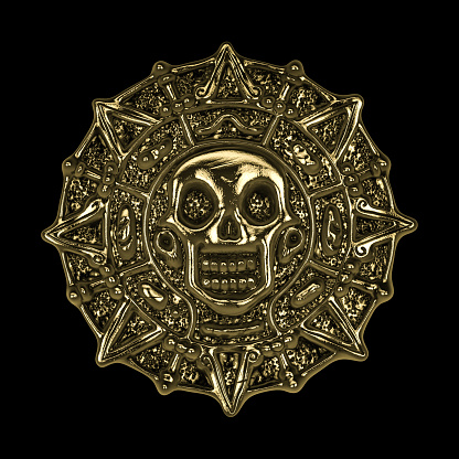 golden aztec pirate coin on black background