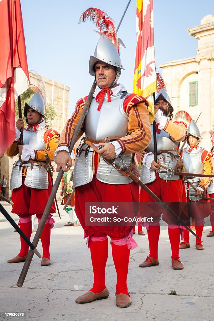 16th Century Military Knights at Fort Saint Elmo, Valletta, Malta Maltese re-enactment of 16th century military drills conducted by the Knights of St. John in Fort Saint Elmo, Valletta, Malta. 2015 Stock Photo