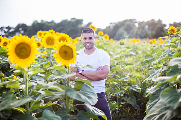 istock Man posing in sunflower field 479520648