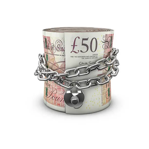 3D render of locked chain around rolled up fifty pound notes