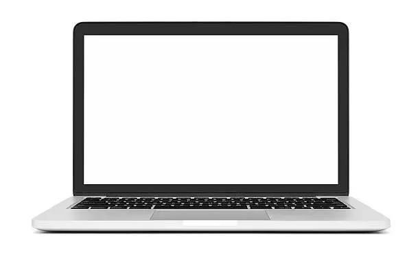Photo of Laptop with blank screen on white