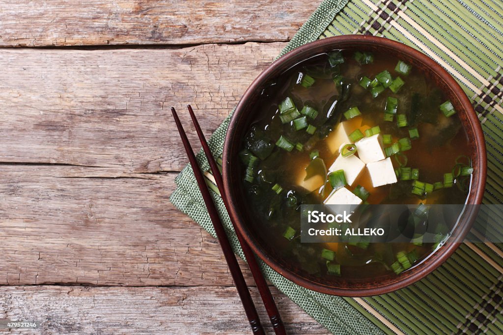 Japanese miso soup on the table. top view horizontal Japanese miso soup with tofu on the table. top view of a horizontal 2015 Stock Photo