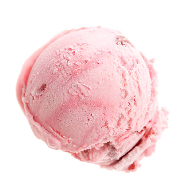 scoop of strawberry ice cream from bird's eye view real icecream, no artificial ingredients used! scoop shape photos stock pictures, royalty-free photos & images