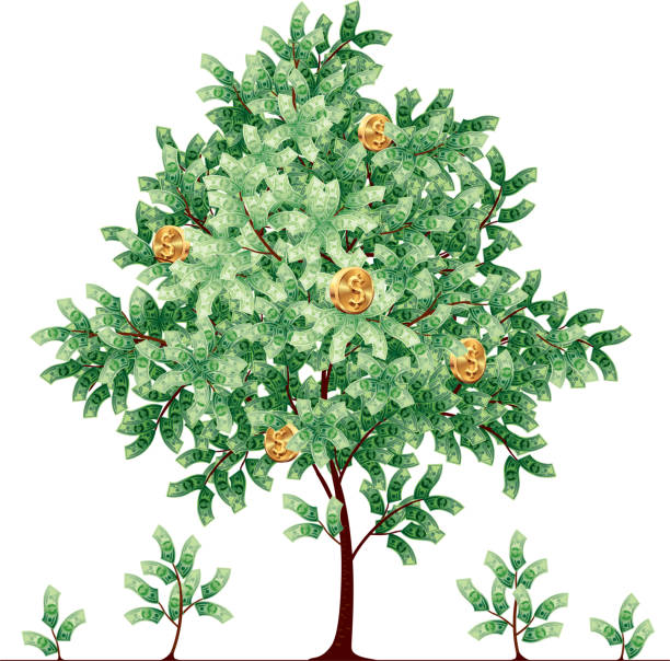 ilustraciones, imágenes clip art, dibujos animados e iconos de stock de dólar de árbol - money doesnt grow on trees money tree wealth paper currency