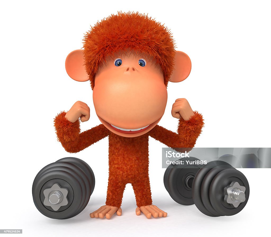 Little monkey athlete The cheerful primacy plays sports with dumbbells 2015 Stock Photo