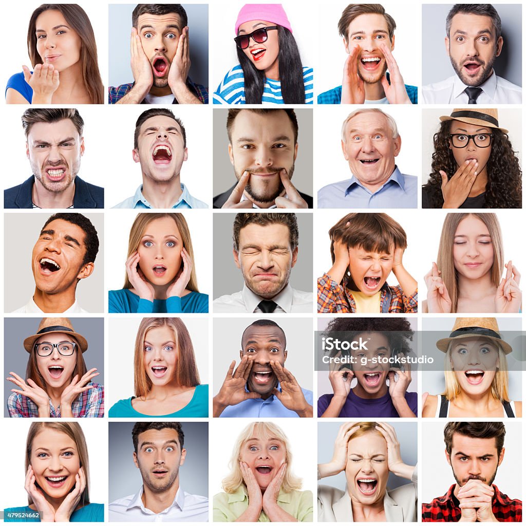 Diverse people with different emotions. Collage of diverse multi-ethnic and mixed age range people expressing different emotions Gesturing Stock Photo