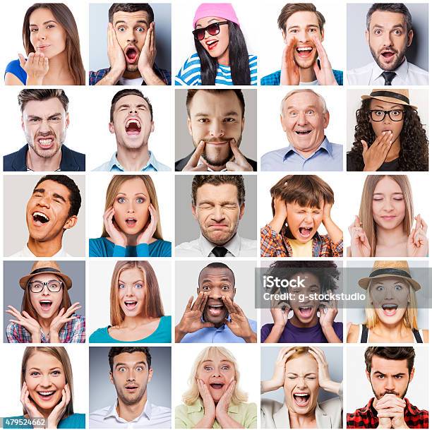 Diverse People With Different Emotions Stock Photo - Download Image Now - Gesturing, Image Montage, Composite Image