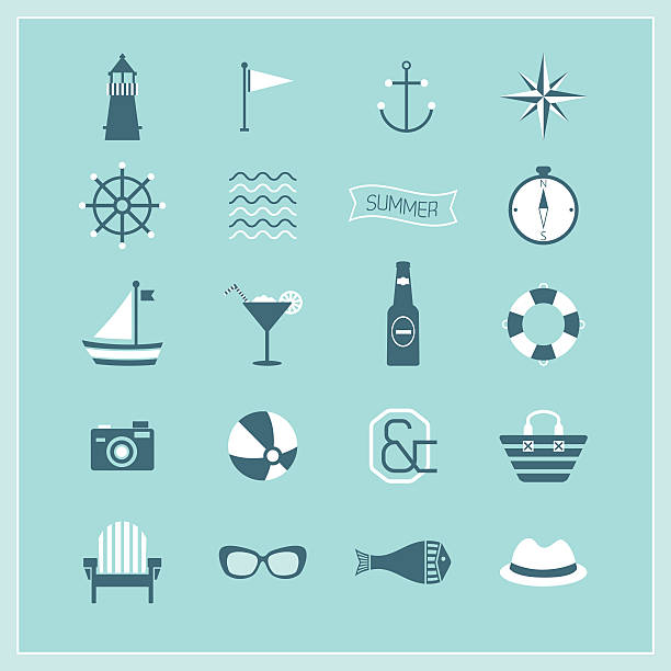 illustrazioni stock, clip art, cartoni animati e icone di tendenza di blu estate, navale e set di icone di spiaggia - naval flag