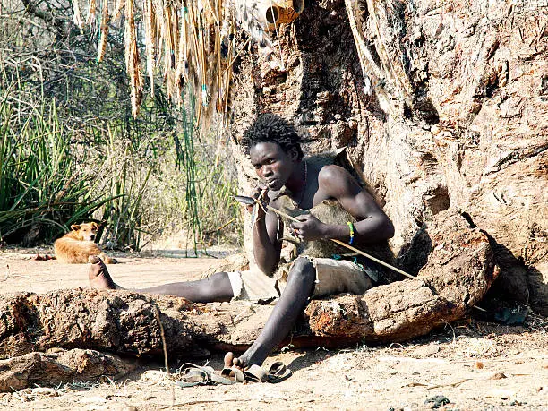 Hadzabe (or Hadza) young bushman making the arrow for hunting bow. The Hadzabe are an indigenous ethnic group in north-central Tanzania, living around Lake Eyasi in the central Rift Valley and in the neighboring Serengeti Plateau. The population of Hadza tribe just under 1000 persons. Endangered tribe. They are among the last hunter-gatherers in the world.