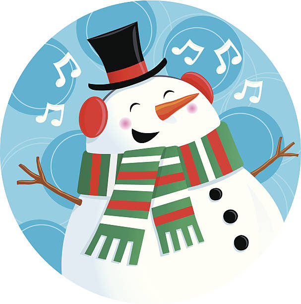 ilustrações, clipart, desenhos animados e ícones de cantando boneco de neve usando chapéu, echarpe - 2334