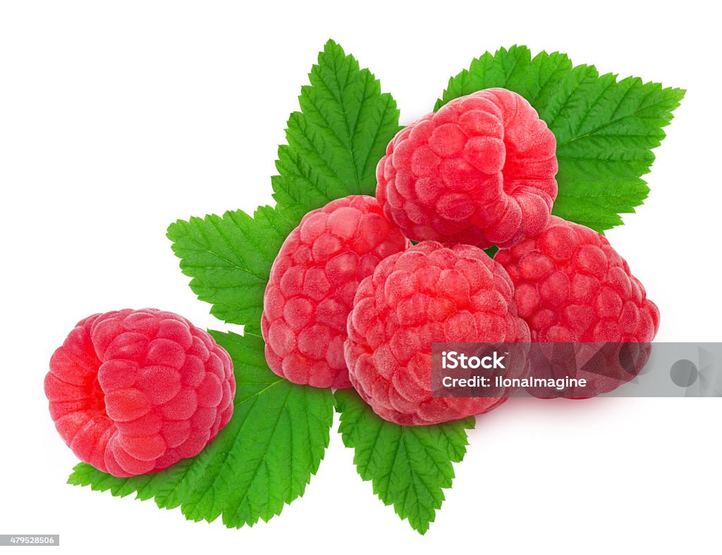 Heap of fresh raspberries Heap of fresh ripe raspberry berries with leaves isolated on white background 2015 Stock Photo