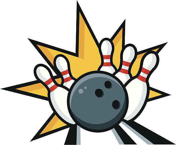 Bowling Strike Bowling ball knocking down pins illustration. All colors are global and items are logically layered. No gradients used. bowling strike stock illustrations