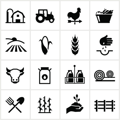 Farming and agriculture related icons. All white strokes and shapes are cut from the icons and merged.