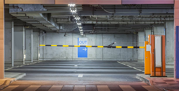 istock Parking garage underground interior, neon lights in dark 479531194
