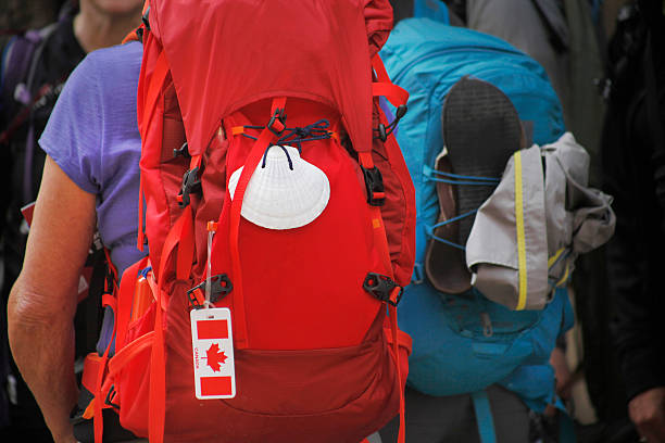 Santiago de Compostela, Spain- may 13, 2015: Rear view of canadian senior pilgrim with a red rucksack and scallop hanging from it , in the \