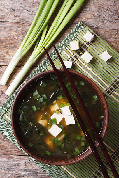 istock Japanese miso soup in a brown bowl vertical top view 479538096