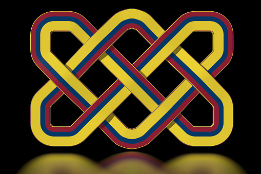 Simple Celtic knot in the colours of the Armenian national flag (yellow over blue over red). The starting colours are accurate, as officially specified. This is a render of a model where the cross-overs between the strands happen in 3D, as they would be in an actual knot. This is why each cross-over generates a shadow, and the object casts a reflection. This file comes with a clipping path that will isolate the knot from its background.