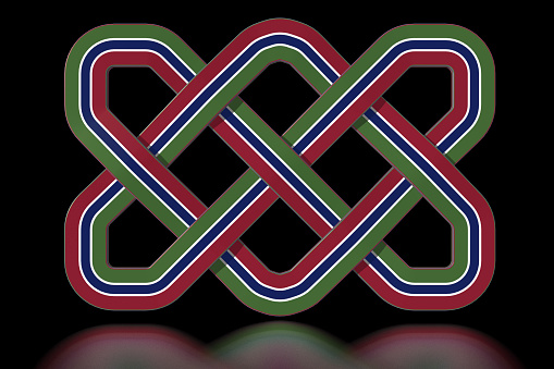 Simple Celtic knot in the colours of the Gambian national flag (yellow over blue over red). The starting colours are accurate, as officially specified. This is a render of a model where the cross-overs between the strands happen in 3D, as they would be in an actual knot. This is why each cross-over generates a shadow, and the object casts a reflection. This file comes with a clipping path that will isolate the knot from its background.